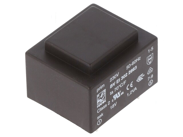 Transformator: ingegoten; 1,2VA; 230VAC; 18V; 67mA; PCB; BVEI Transformator: ingegoten; 1,2VA; 230VAC; 18V; 67mA; PCB; BVEI